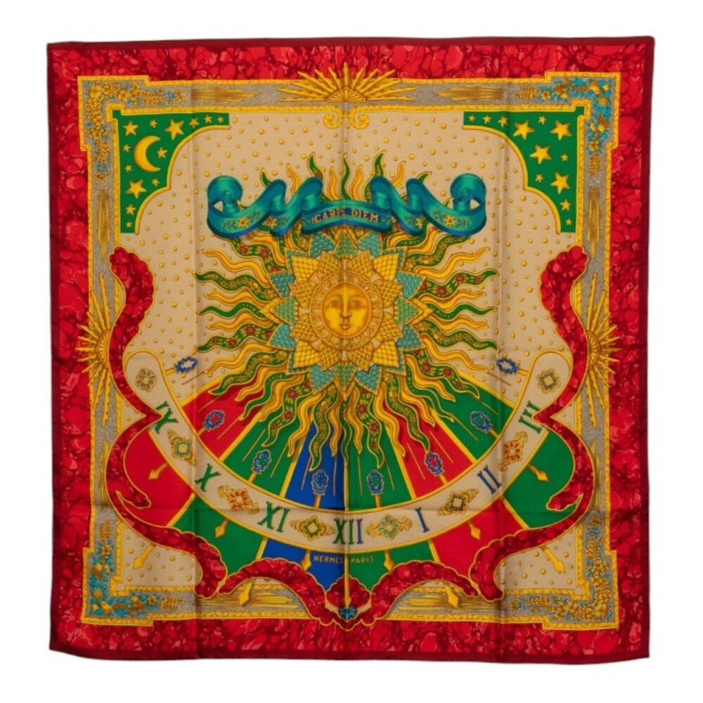Hermes Carre 90 CARPE DIEM Enjoy Today Scarf Muffler Large Red Multicolor Sil...